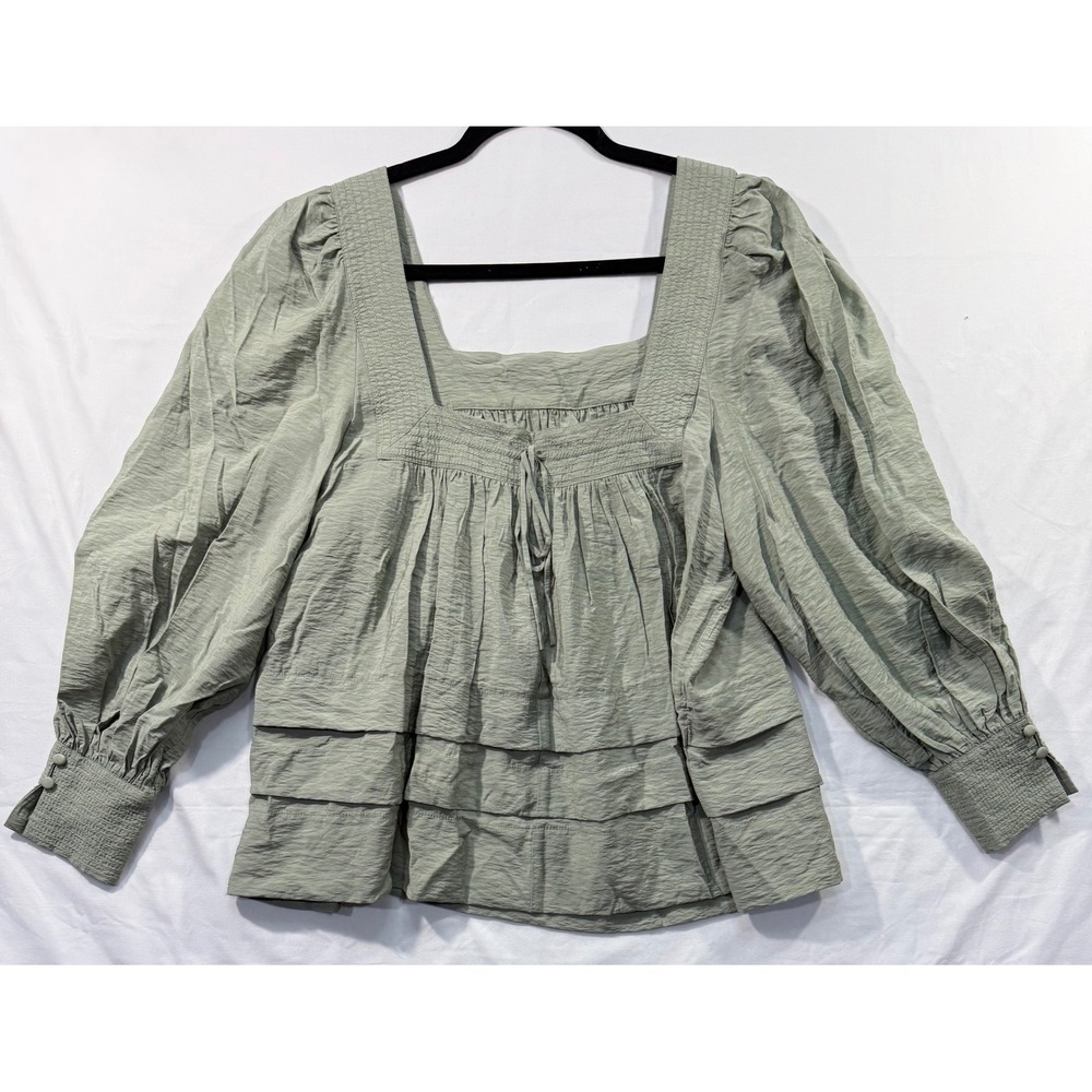 Maeve Anthropologie Sage Green Smocked Puff Sleeve Tiered Ruffle Blouse Small
